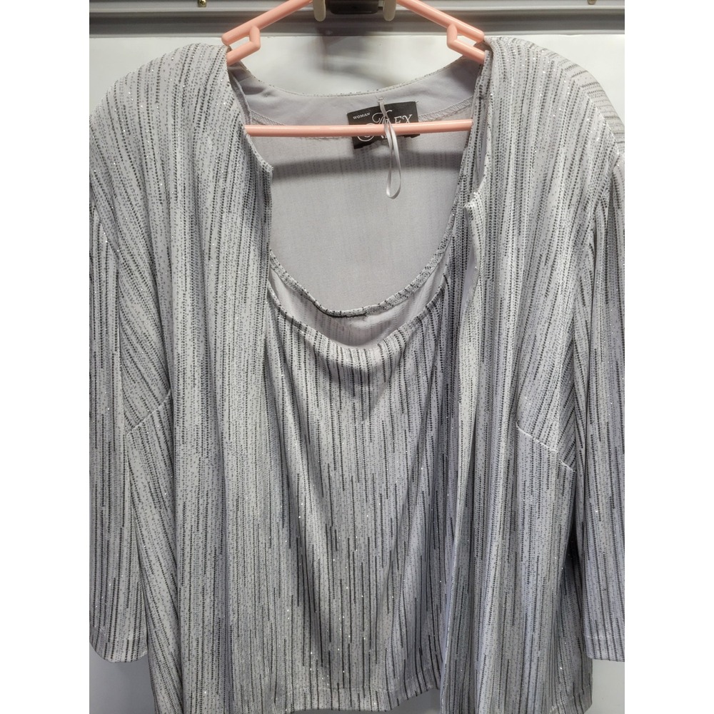 Alex Evenings Silver Metallic Striped 2 Piece Cardigan and Tank Set Womens Plus